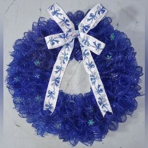 Blue Holiday Wreath with Ribbon